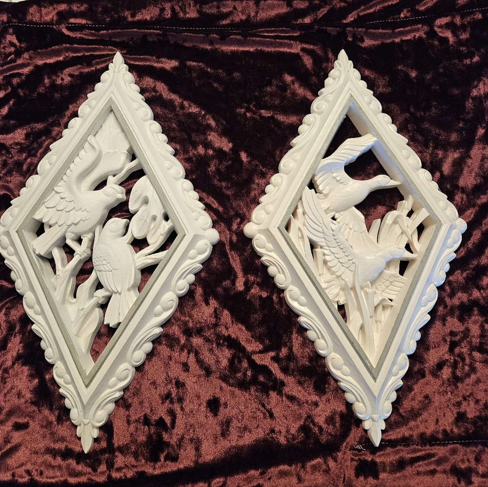 MCM Pair of Plastic Burwood Bird Wall Plaques, Diamond Shaped 3D 1970's